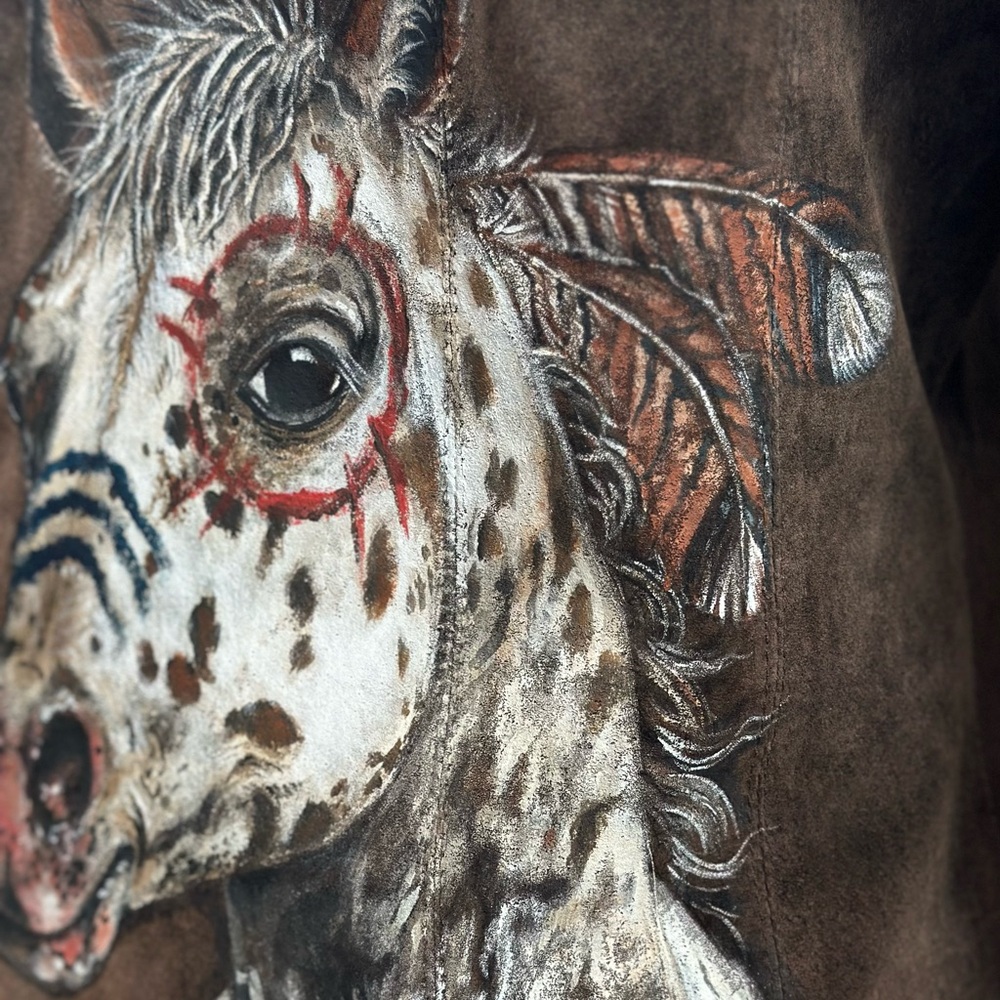 Gorgeous handpainted suede fringe jacket sz SM tribal Southwest horse eagle OOAK - Picture 5 of 12
